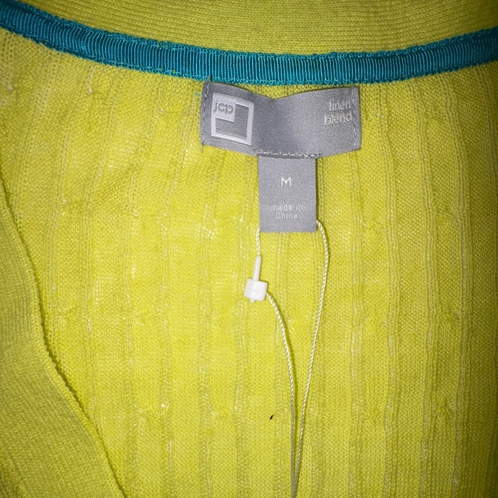 JCP Loden Green Linen Blend V-Neck Cable Knit Cardigan Sweater Womens Medium NWT - Picture 2 of 6